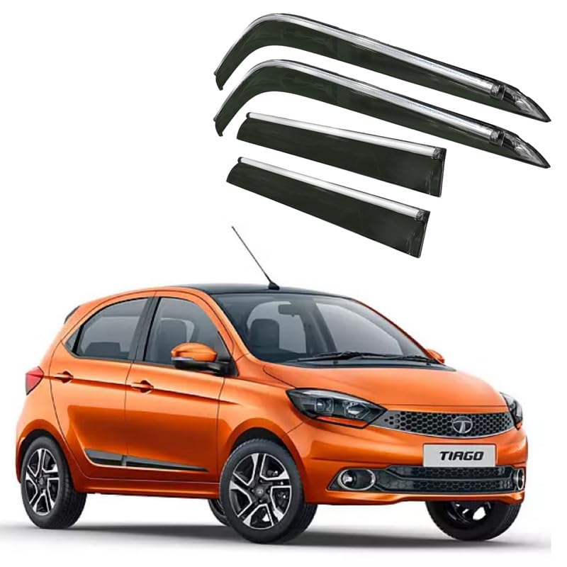 Image of CAR SAAZ Side Door Visors for Tiago (2016-2020)(Set of 4Pcs)|Chrome Lined Rain Guards, Polycarbonate, Smoke Finish