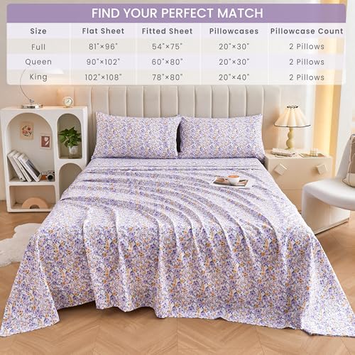 Image of Mooreeke Floral Full Bed Sheets, Soft Microfiber Printed Bedding Sheets & Pillowcases, Deep Pocket Non-Slip Vintage Full Sheet, Purple Yellow Flower Pattern Bedsheets