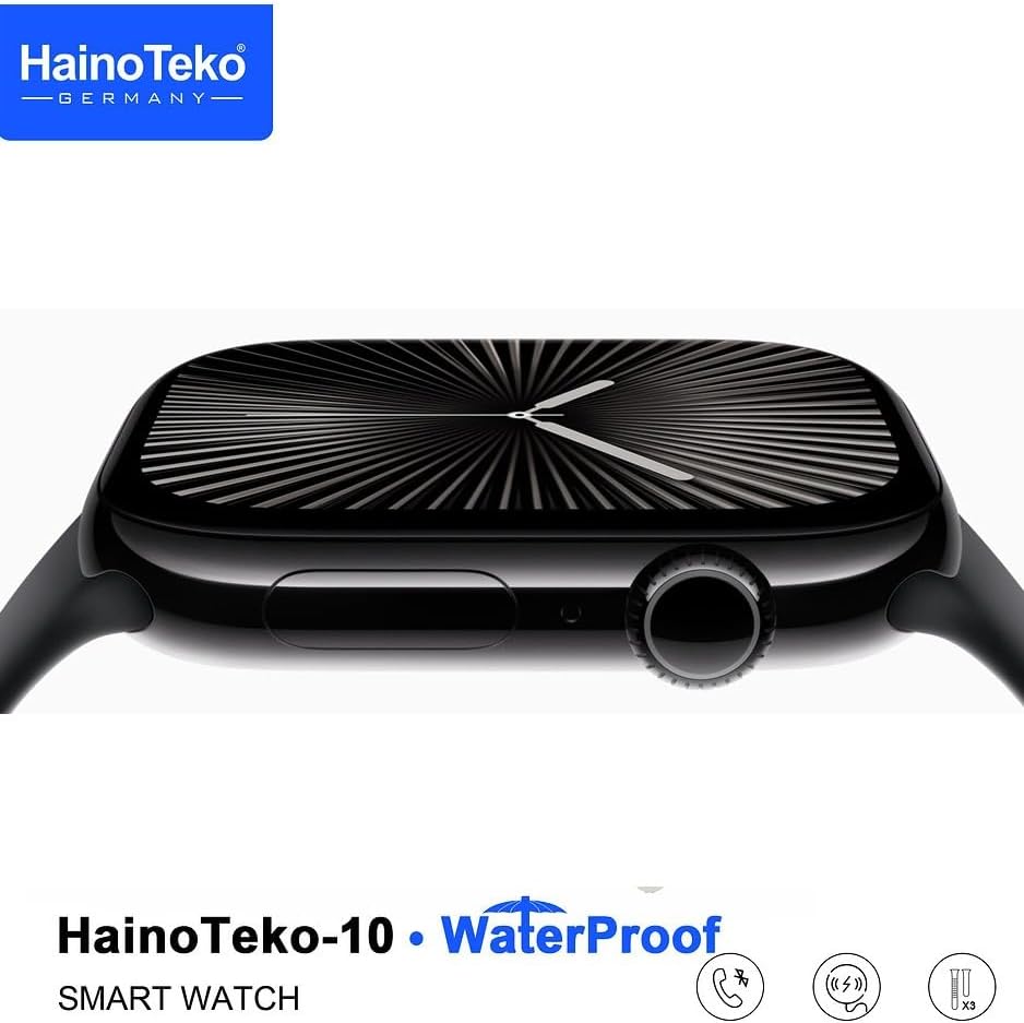 Side view of the HainoTeko-10 Smart Watch, showing the sleek black casing and the functional crown/button on the right side.