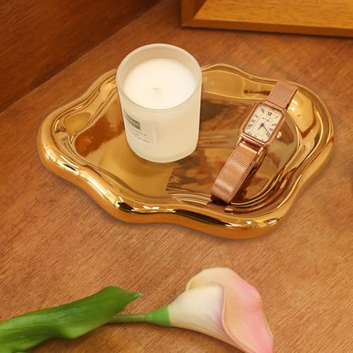 Image of CCINPPY Ceramic Jewelry Tray Trinket Dish, Decorative Cloud Vanity Key Tray for Women, Ring Holder Dish, Cute Jewelry Plate Bowl Room Decor Aesthetic, Gold, Medium