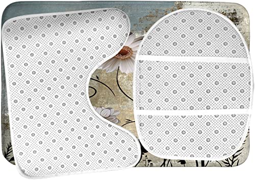 DYCBNESS Badezimmerteppich-Set, 3-teilig, rustikale Gänseblümchen, Blumen, Schmetterling, Grau, Beige, abstrakte Kunst, Wandmalerei, Badteppiche mit U-förmigem Konturenteppich, WC-Deckelbezug – Bild 6