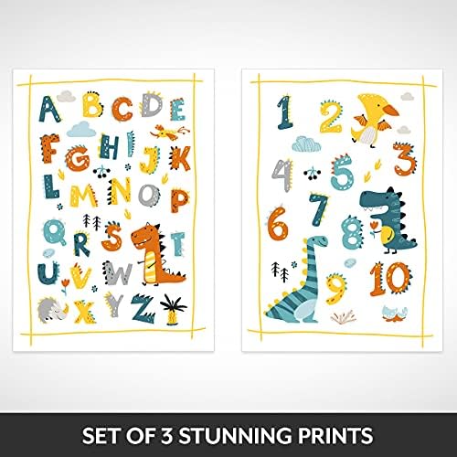 A4 Large Dinosaur Posters and Alphabet Chart - Little Boys Learning Numbers & Letters. Cute Dinosaur Bedroom Accessories make Educational Posters for Toddlers. Unframed Colourful ABC Posters