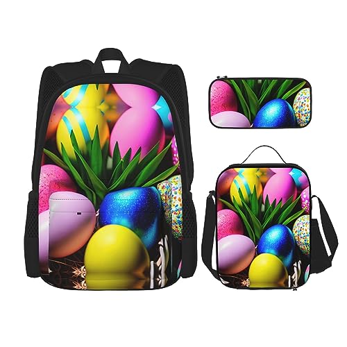 ETASUIOL Mochila de viaje colorida con estampado de huevos de Pascua, juego de 3 piezas con lonchera aislada, para el trabajo o actividades al aire libre, Negro, Talla única