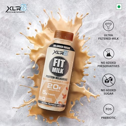 Image of XLR8 FitMilk Protein Milk | 20g Protein Milkshake 250ml (Pack of 2) | 5g Fibre | Roasted Almond | No Added Sugar | Contains Prebiotic Fiber | Ideal for Early Mornings, Pre & Post Workouts Energy Drink
