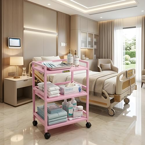 Image of 3 Tier Surgical Trolley with Wheels for Hospital & Clinic, Medical Utility Cart, Rolling Instrument Trolley with Lockable Caster Wheels, Metal Medical Storage Rack for OT, ICU, Dental