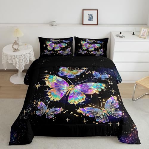 Image of Erosebridal Flying Butterflies King Size Comforter Set for Kids Teens Adults,Starry Sky Galaxy Bedding Sets,Colorful Rainbow Butterflies Duvet Insert,Wildlife Quilt Bedroom Decor