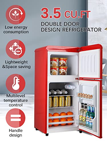 Krib Bling 3.5Cu.ft Compact Refrigerator With 7 Level Thermostat, Mini Fridge With Freezer, 2 Door Portable Fridge With Removable Glass Shelves, Suitable For Kitchen, Apartment, Dorm, Bar Red #TOP6