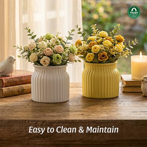 Image of TrustBasket Sereno Decorative Plastic Flower Vase Set White & Yellow, Modern Table Top Home Decor Accent for Living Room Bedroom, Office, Compact Minimalist Durable Vase Set of 2