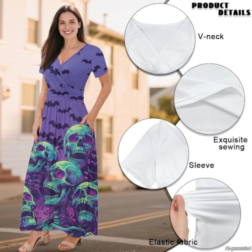 Image of Women's Fall Summer Short Sleeve Ankle Length V-Neck Party Dress with Pockets Size S-3XL