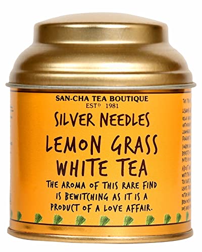 Image of Sancha Tea Boutique, Lemongrass White Tea, 25g Loose Leaf, Pure Silver Needle Buds with Lemongrass, Antioxidant Rich, Caffeine Light & Calming Herbal White Tea