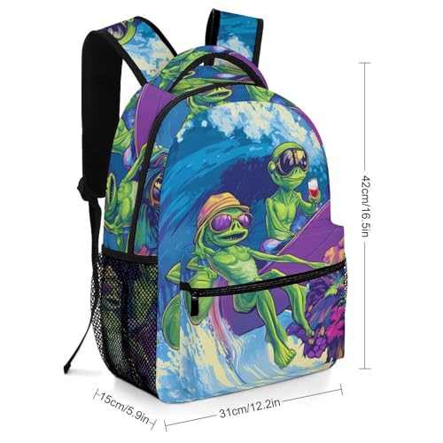 Sea Beach Surfing Aliens Funny Backpack Casual Daypack Lightweight Shoulders Bag for Men Women Cute Print2