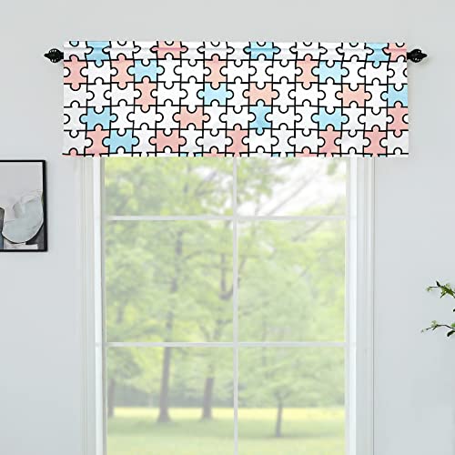 Valances For Kids Bedroom Windows - Rod Pocket Jigsaw Puzzles Geometic Printed Short Curtain Valances For Baby Nursery Toddler Boy/Girls/Childs/Kindergarten/Playroom/Toy Room 1 Panel 52 X 18 Blue Pink #TOP6