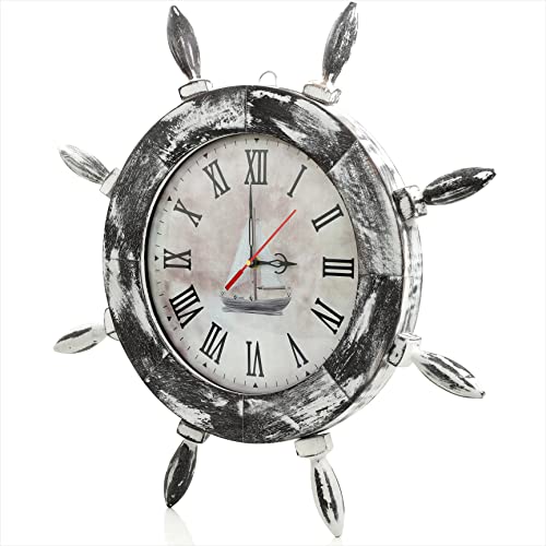 Nagina International 20" Antique Rustic Shabby White Grey Nautical Ship Wheel With Boat Dial Faced Time's Wall Decor Clock - Pirate Nursery Ocean Beach Home Decor Gift #TOP2