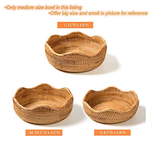Amololo Handmade Rattan Round Fruit Basket Food Storage Bowls Kitchen Organizer Snack Serving Bowl Wavy Edge Circle Tray Basket, Boho Home Décor Display Tray For Table, Dining Room (Medium 10.2") #TOP4