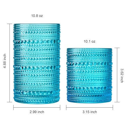 Image of Khen Hobnail Beaded Highball Drinking Tumbler Glasses | Set of 12 | Autumn Colors Vintage Bubble Design Whiskey Glassware, Old-Fashioned, Embossed Design Water, Wine, Cocktail Rocks Glasses