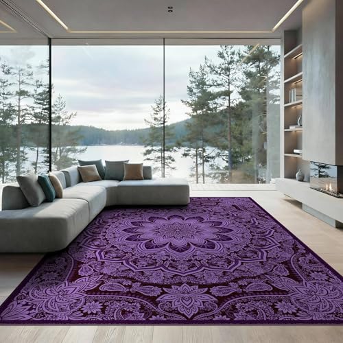 ODIKA 9'x12' Washable Flatwoven Rug, Mauve Traditional Floral Stain Resistant Massive Carpet for Dining Room, Basement, Large Office, Non-Slip Chair-Friendly Mat | Ref:2001481
