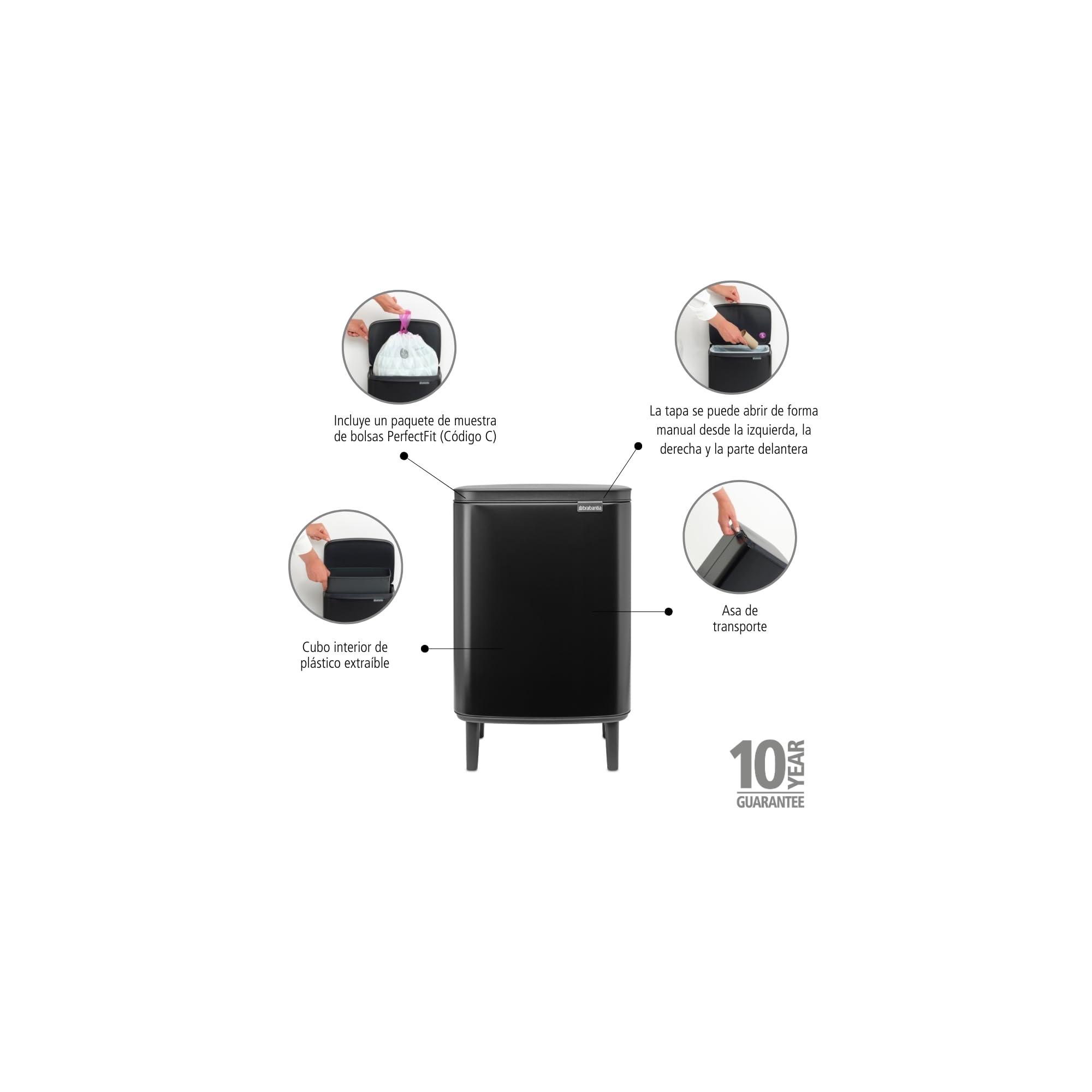 Brabantia - Cubo de basura Bo Hi 12 L con tapa de cierre suave, interior extraíble y asa de transporte - Adecuado para baño, dormitorio y oficina en casa - Matt Black