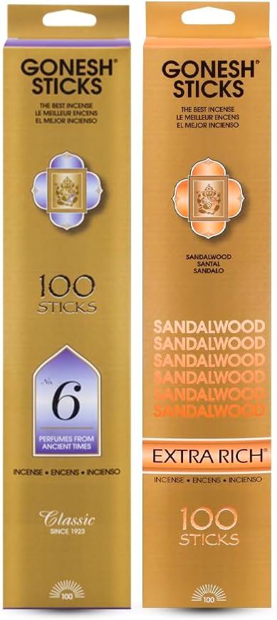 Gonesh - Classic & Extra Rich Scented Incense Sticks Bundle - Non-Toxic 10” Slow Burn Aromatic Sticks - No. 6 & Sandalwood - 100 Sticks Each