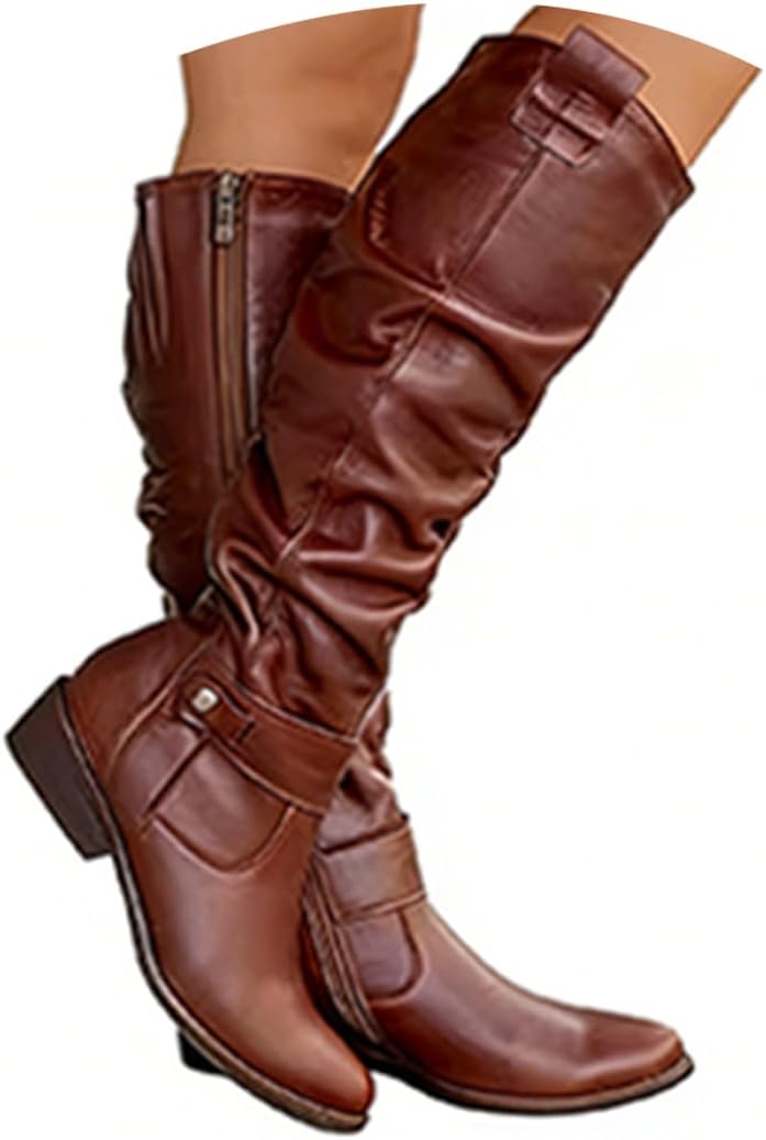 slouchy boots for women Side Zipper suede knee high boots for women Pleated Round Toe Suede Waterproof Western flat