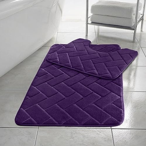 PARADISE STAR Block Memory Foam Bath Mat Extra Absorbent, Soft & Comfortable, Non Slip Bathroom Rug and Pedestal Bath Mat Set COLOUR PLUM