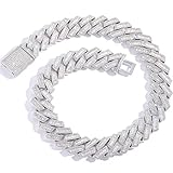 OLVLUS Cadena de eslabones cubanos de 20 mm con circonita cúbica baguette 5A+ chapada en oro blanco de 18 quilates, cadena de diamantes brillantes de hip hop, rapero de lujo, joyería para hombres y