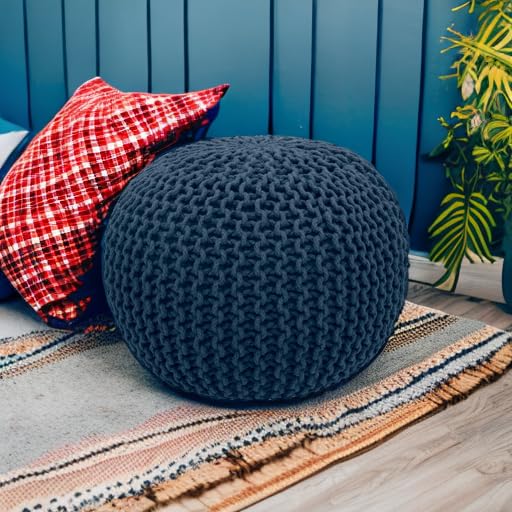 COTTON-CRAFT-Hand-Knitted-Cable-Style-Dori-Pouf-Blue-Floor-Ottoman-Cotton-Braid-Cord-Handmade-Hand-Stitched-Truly-one-of-a-Kind-Seating-20-Dia-x-14-High COTTON CRAFT Hand Knitted Cable Style Dori Pouf Blue Floor Ottoman Cotton Braid Cord Handmade Hand Stitched Truly one of a Kind Seating 20 Dia x 14 High