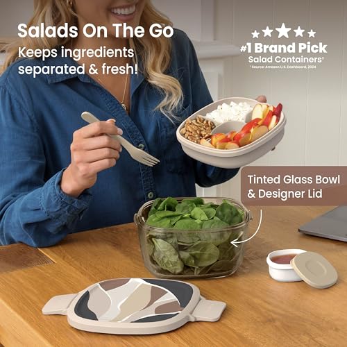 Image of Bentgo Glass Prints Salad Container - 7.6-Cup Tinted Glass Salad Bowl with Airtight Lid, Leak-Proof Sauce Container, 4-Compartment Bento Meal Prep Tray & Reusable Fork (Inky Abstract - Neutrals)