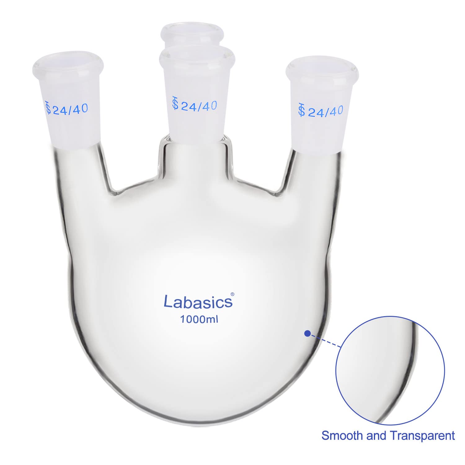 Labasics Rundkolben mit 4 Aufrechten Hälsen, Schwerwandiges Borosilikatglas-Rundkolben mit 24/40 Standard-Schliffhülse, für Den Laborgebrauch, 1000 ml