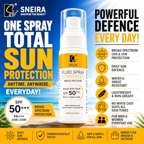 Image of Fluid Spray Sunscreen SPF 50+ PA+++ 50ml | Broad Spectrum UVA UVB Sun Protection for Face & Body | Lightweight No White Cast Water Resistant Sunscreen | Free Daily Use for Men & Women