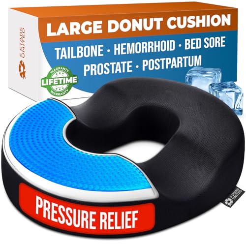 5 STARS UNITED Donut Pillow for Tailbone Pain & Hemorrhoids – Large Memory Foam Seat Cushion with Cooling Gel Layer for Bed Sore-Prone Areas & Pressure Relief – Black Mesh Cover
