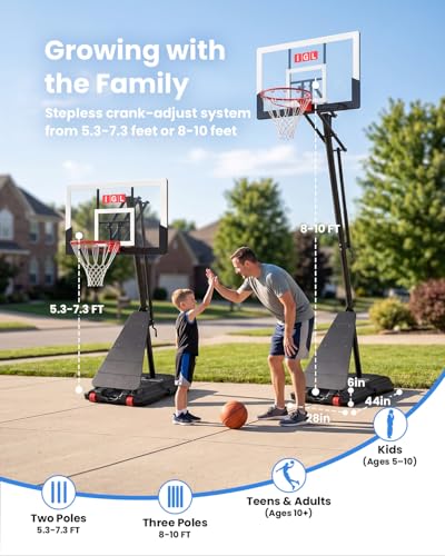 Image of IGL Basketball Hoop Outdoor 47 Inch, Height Adjustable 5.3-10 FT, Portable Basketball Goal with Shatterproof Backboard for Kids Teens Adults, Backyard Driveway