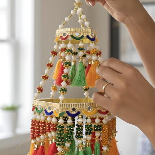 Image of Handcrafted Beads & Tassel Hanging Decoration | Traditional Rajasthani Style Decorative Hanging for Home Temple Door Wall | Festive Handmade, Door Toran, Decorative Toran