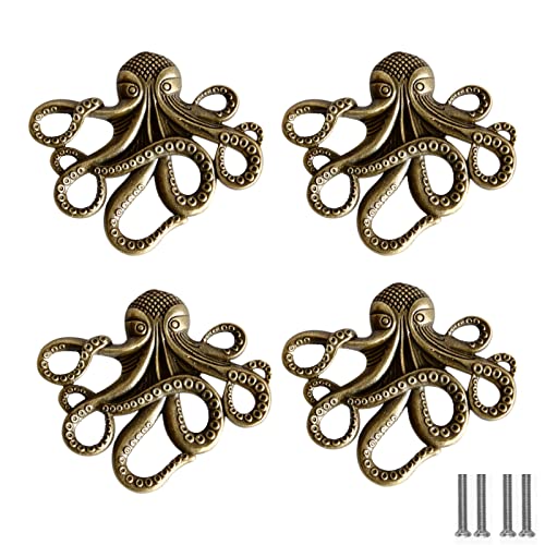 Powerful 4 Pcs Octopuc Drawer Knobs, Vintage Cabinet Knobs Drawer Handles with 8 Pcs Screw, for Dresser Cabinet, Wardrobe