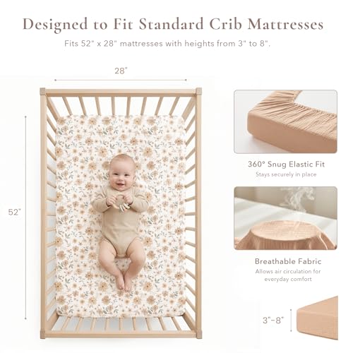 Image of Konssy Muslin Crib Sheets 2 PCS 100% Cotton Baby Crib Sheets for Standard Crib Mattress (28 inch x 52 inch), Soft and Breathable for Boys, Girls (Toffee, Flourish)