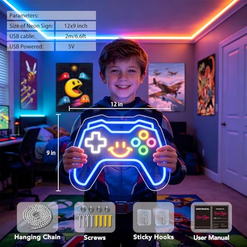 Image of Gaming Neon Signs Controller LED Sign with Remote for Gamer Room Decor, Gamepad Shaped LED Neon Sign for Son Gamer Lovers Gifts, Game Neon Light Smile Face for Basement Bedroom Boys Man Cave Kids Teen