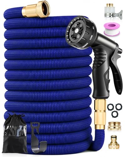 Expandable Garden Hose 150FT/45M with 10 Spray Nozzle 4-Layer Latex Flexible Hose Leakproof 3/4 & 1/2 Fittings 3750D Durable Fabric for Gardening Car Washing Blue