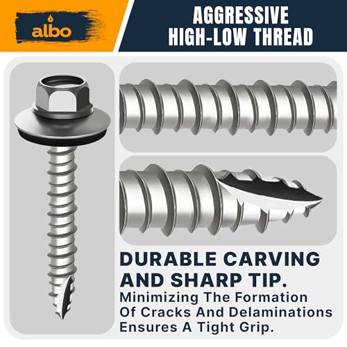 Image of ALBO 200 Pcs #10 x 2 Silver Ruspert-Coated Metal Roof Screws, EPDM Washers | High-Low Threads Help Prevent Loosening, Leak-Resistant Seal, Sharp Point Helps Skip Pilot Holes, Hex Bit Included