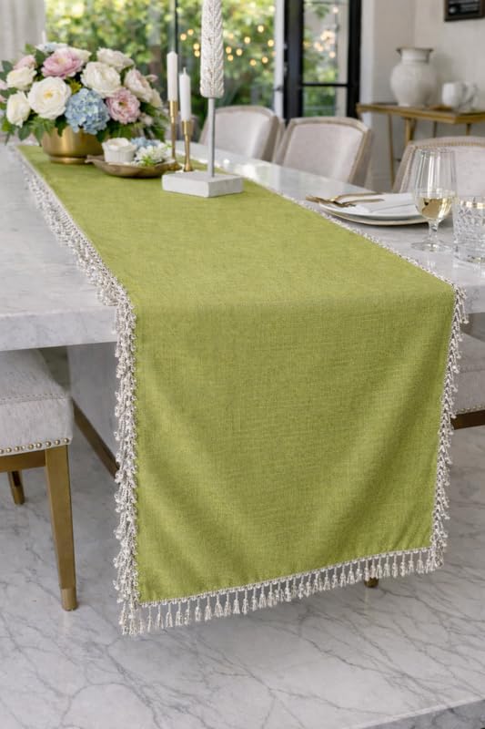 WWW.THROWPILLOW.IN Green Cotton Linen Table Runner with Crystals 14x90 Inches Fits 6.5 Feet TV Unit Cabinet, Center Table, Coffee Table, Dining Table, Dresser