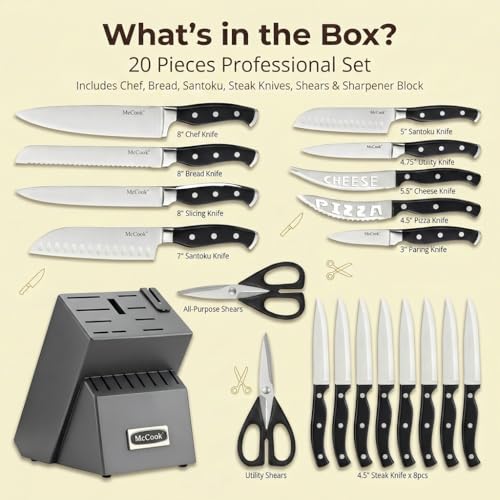 Image of McCook Knife Sets,German Stainless Steel Kitchen Knife Block Set with Built-in Sharpener, 20-Piece Razor-Sharp Kitchen Knives, Forged Triple Rivet,Full Tang,Ergonomic Handle,Elegant Box for Gift
