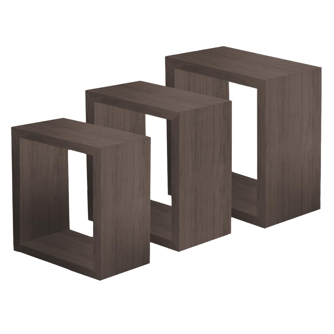 Acomoda Textil – Estantería para Pared 3 Diferentes Tamaños. Balda Flotante Decorativa de Madera con Fijación Invisible, Estante para Dormitorio, Baño, Cocina y Oficina. (Noyer, 3 Cubos)