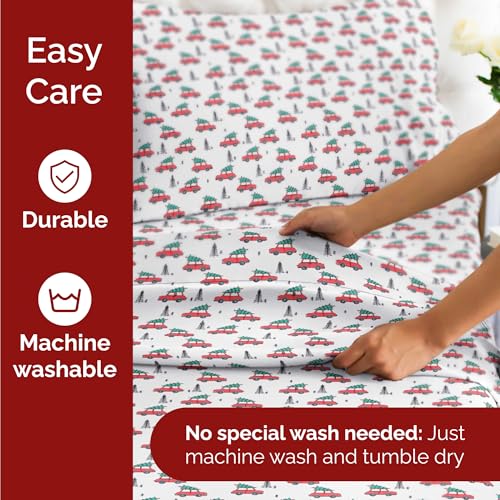 King Christmas Christmas Cars Sheet Set - Holiday Xmas Pattern Bedding Set - Deep Pockets - Snug Fit - 4 Piece - Wrinkle Free - Cooling Comfy Festive Winter Holiday Sheets for Women, Men, Kids & Teens