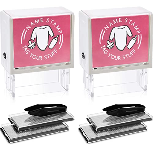 Image of 2 Set DIY Name Stamp for Clothing Kids Self Inking Custom Address Stamp Toddler Stamps kit for Kids Text Baby Clothing Label, Paper and Fabric Marker