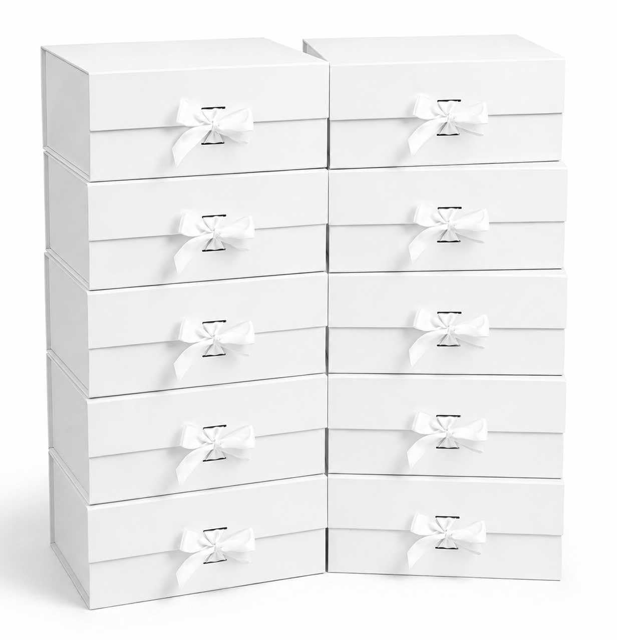 Emartbuy White Flat Pack Magnetic Gift Box with Ribbon – 20 x 18.2 x 8 cm – Fits Jewellery, Candles & Small Gifts – Birthdays Weddings Christmas Corporate Gifting Trade Wholesale – Pack of 10 Boxes