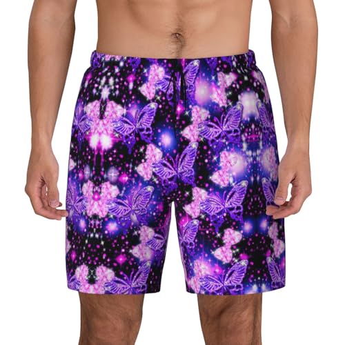 Purple Cute Butterfly Printshort Swim Trunks with Waist Rope and Two Side Pockets Beach Shorts Bathing Suits for Men