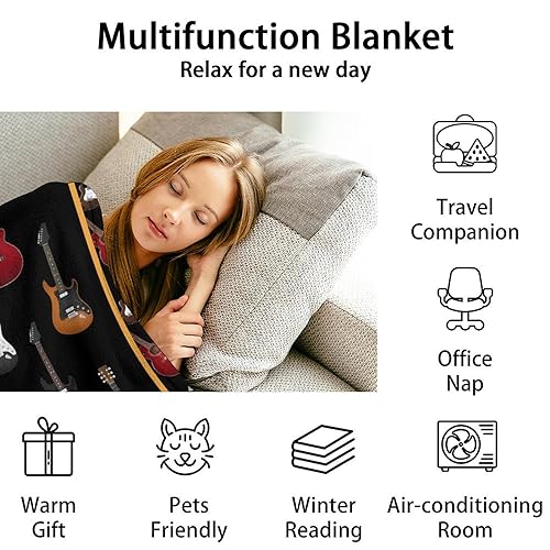 Mercuryelf Guitar Throw Blanket - Soft, Fuzzy & Warm - 40x50 Inches Flannel Blankets for Travel, Office - Black Vintage Throws Gift for Kids