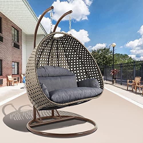 Image of DEVOKO Outdoor Rattan and Wicker Indoor Furniture Double Seater Hanging Swing Chair with Stand for 2 Adults Person (Dark Brown & Dark Grey)