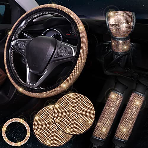 ToBeQueen Steering Wheel Cover Set - 15 inch, 7 Pack Crystal Rhinestone Diamond Bling Car Accessories - Seat Belt Cover, Gear Shift Push Start Button Cover, Cup Coasters, Champagne Gold