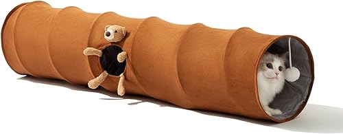 Túneles rectos para gatos de interior, túnel plegable para gatos pequeños, medianos y grandes con bola de juguete para gatos, oso lindo (marrón)