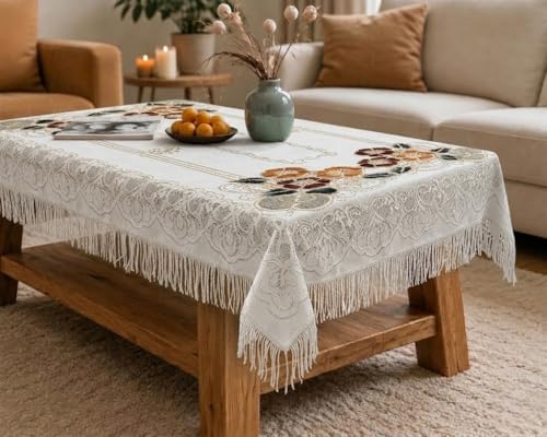 Image of Cotton Net Embroidered Center & Dining Table Cover for 4 Seater | Rectangular 40x60 Inch | Lightweight & Washable Table Cloth | Pack of 1 (White)