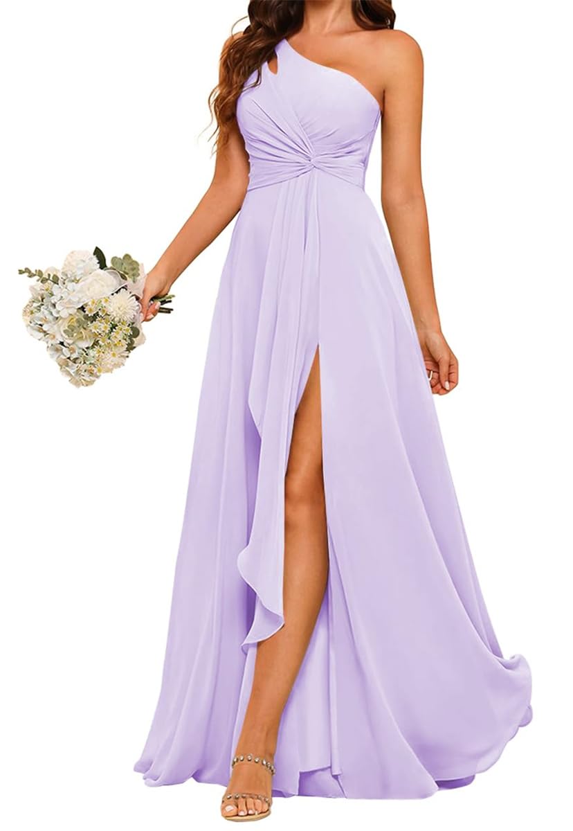 YIANN Chiffon One Shoulder Bridesmaid Dresses with Pleated Long A Line Lilac Formal Prom Dress for Women UK18